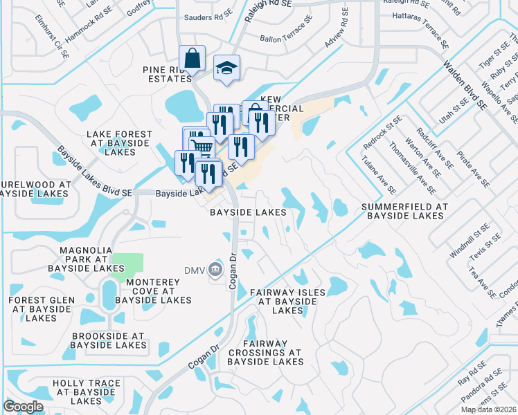 map of restaurants, bars, coffee shops, grocery stores, and more near 1918 Muirfield Way Southeast in Palm Bay