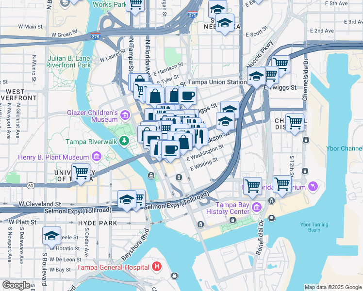 map of restaurants, bars, coffee shops, grocery stores, and more near 325 North Florida Avenue in Tampa