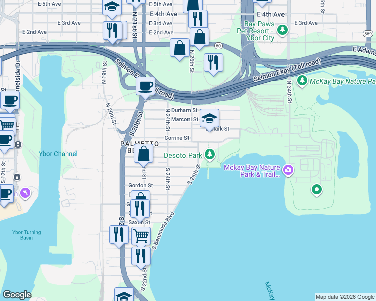 map of restaurants, bars, coffee shops, grocery stores, and more near 2422 Harper Street in Tampa