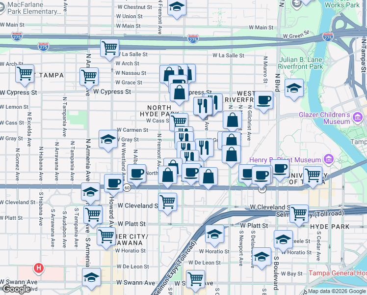 map of restaurants, bars, coffee shops, grocery stores, and more near 401 North Rome Avenue in Tampa