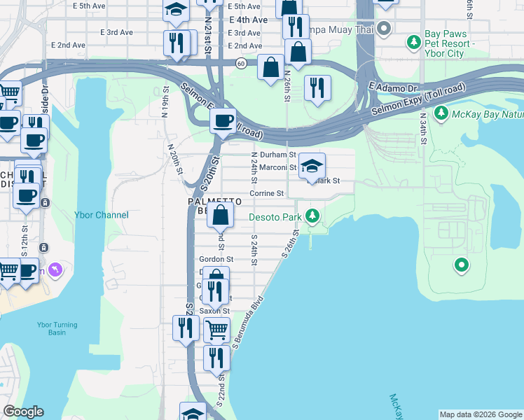 map of restaurants, bars, coffee shops, grocery stores, and more near 2401 Harper Street in Tampa