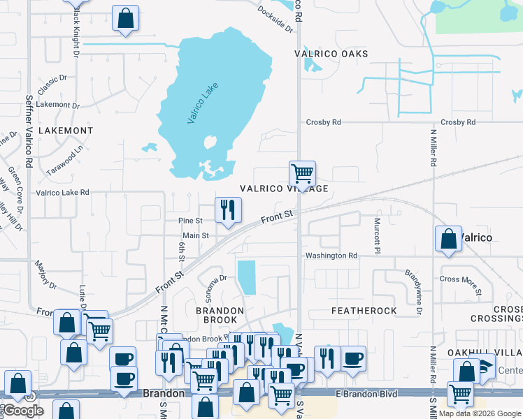 map of restaurants, bars, coffee shops, grocery stores, and more near 2038 Front Street in Valrico