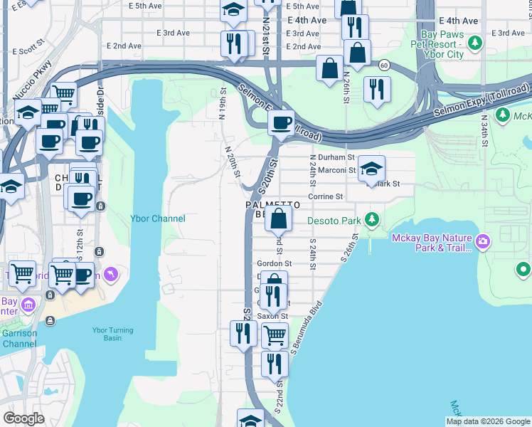 map of restaurants, bars, coffee shops, grocery stores, and more near 2015 Harper Street in Tampa
