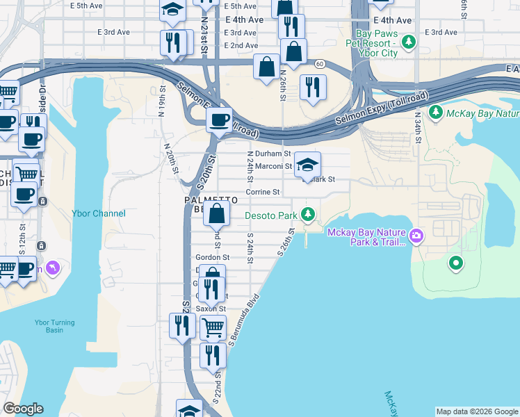 map of restaurants, bars, coffee shops, grocery stores, and more near 2401 Harper Street in Tampa