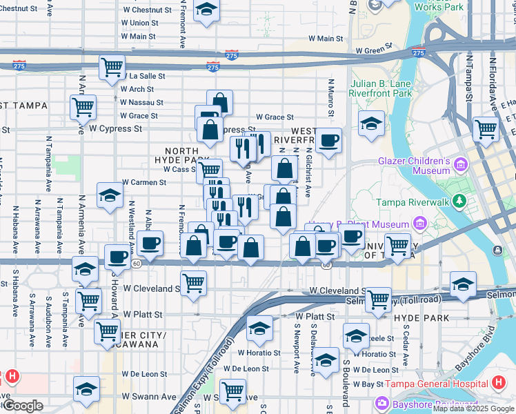 map of restaurants, bars, coffee shops, grocery stores, and more near 1340 West Gray Street in Tampa