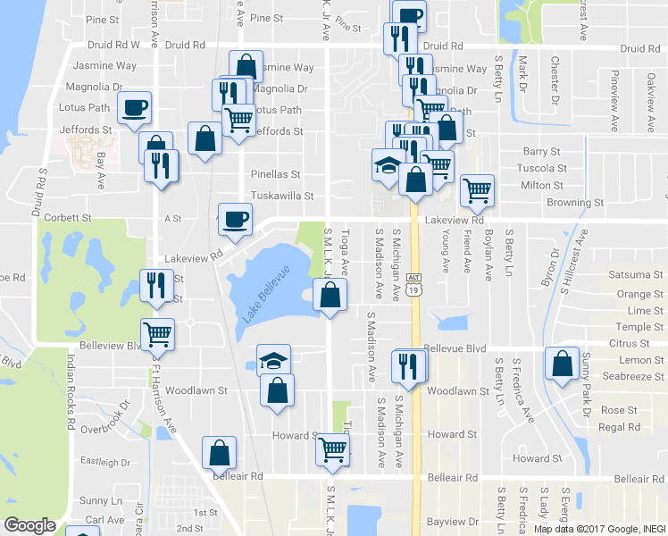 map of restaurants, bars, coffee shops, grocery stores, and more near in Clearwater