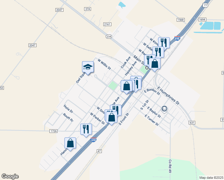 map of restaurants, bars, coffee shops, grocery stores, and more near 401 West Turner in Odem