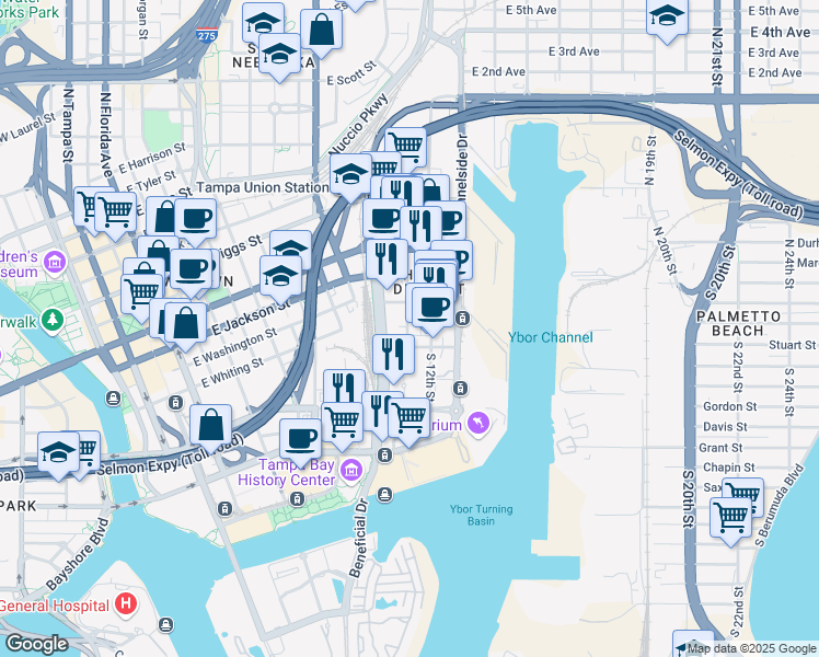 map of restaurants, bars, coffee shops, grocery stores, and more near 105 North 11th Street in Tampa