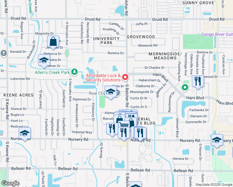 map of restaurants, bars, coffee shops, grocery stores, and more near 2167 Oak Grove Drive in Clearwater