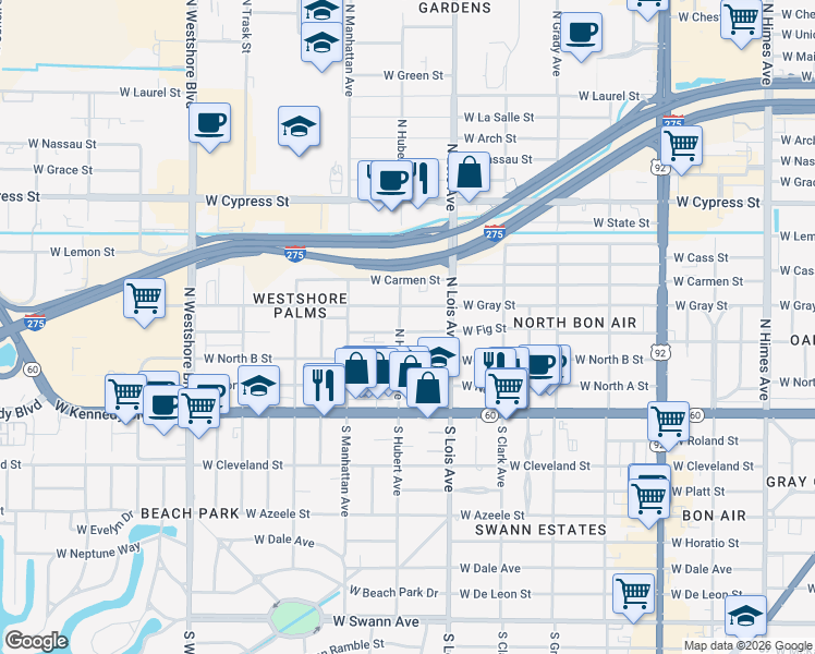map of restaurants, bars, coffee shops, grocery stores, and more near 401 North Hubert Avenue in Tampa
