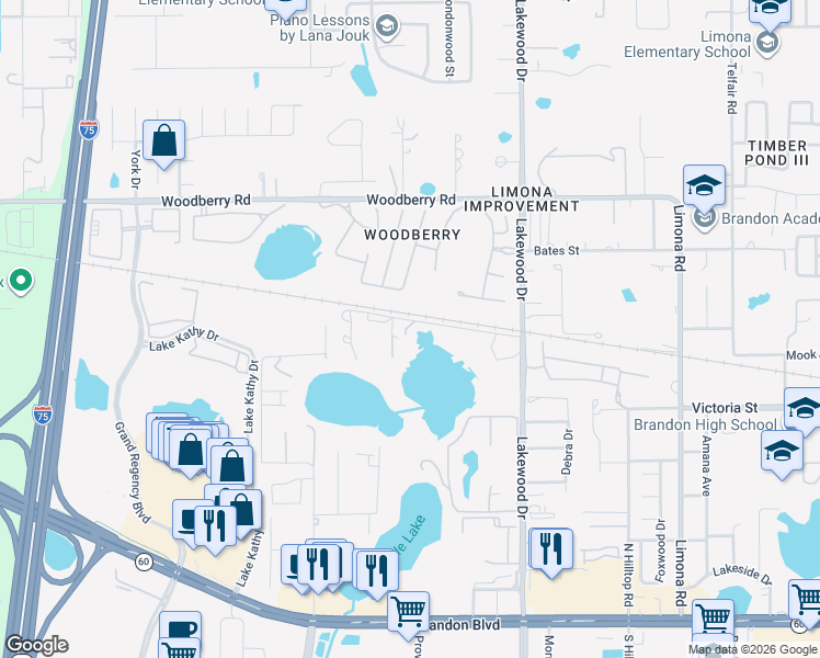 map of restaurants, bars, coffee shops, grocery stores, and more near 1823 Camp Florida Road in Brandon