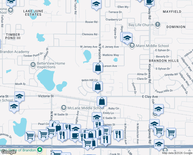 map of restaurants, bars, coffee shops, grocery stores, and more near 606 North Parsons Avenue in Brandon