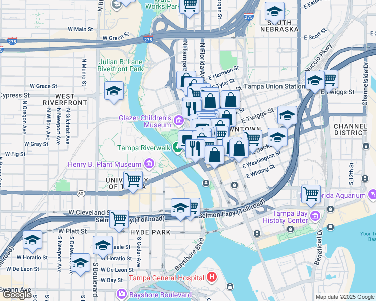 map of restaurants, bars, coffee shops, grocery stores, and more near 400 North Ashley Drive in Tampa