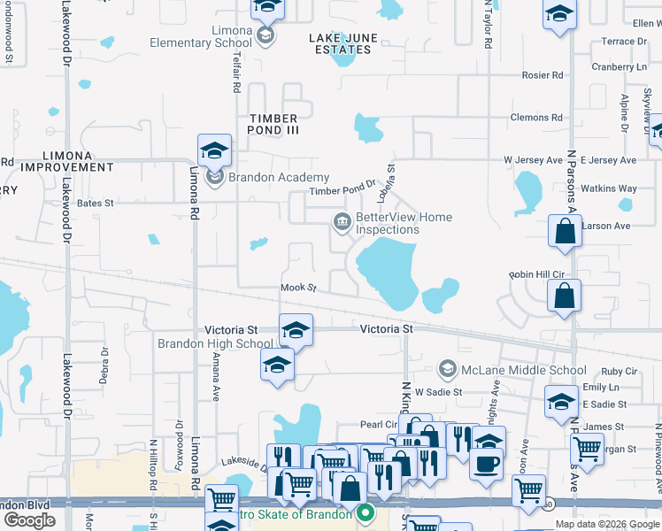 map of restaurants, bars, coffee shops, grocery stores, and more near 612 Angelica Place in Brandon