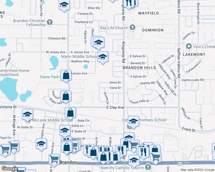map of restaurants, bars, coffee shops, grocery stores, and more near 410 Clara Drive in Brandon