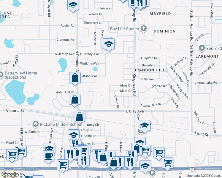 map of restaurants, bars, coffee shops, grocery stores, and more near 402 Clara Drive in Brandon