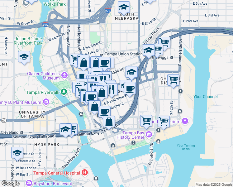 map of restaurants, bars, coffee shops, grocery stores, and more near 601 East Kennedy Boulevard in Tampa