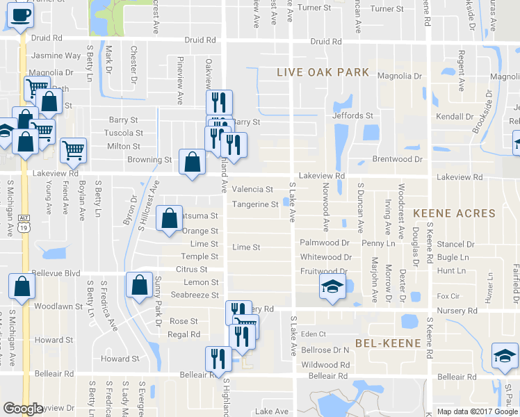 map of restaurants, bars, coffee shops, grocery stores, and more near 1527 Tangerine Street in Clearwater
