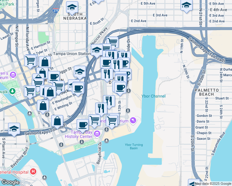 map of restaurants, bars, coffee shops, grocery stores, and more near 105 North 11th Street in Tampa