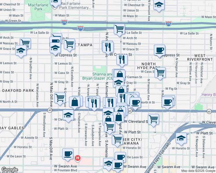map of restaurants, bars, coffee shops, grocery stores, and more near 2323 West Fig Street in Tampa
