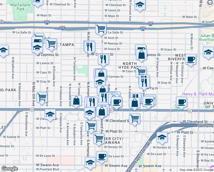 map of restaurants, bars, coffee shops, grocery stores, and more near 404 North Westland Avenue in Tampa
