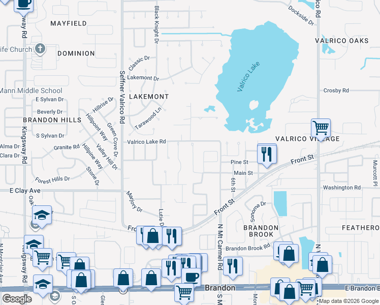 map of restaurants, bars, coffee shops, grocery stores, and more near 1411 Main Street in Valrico