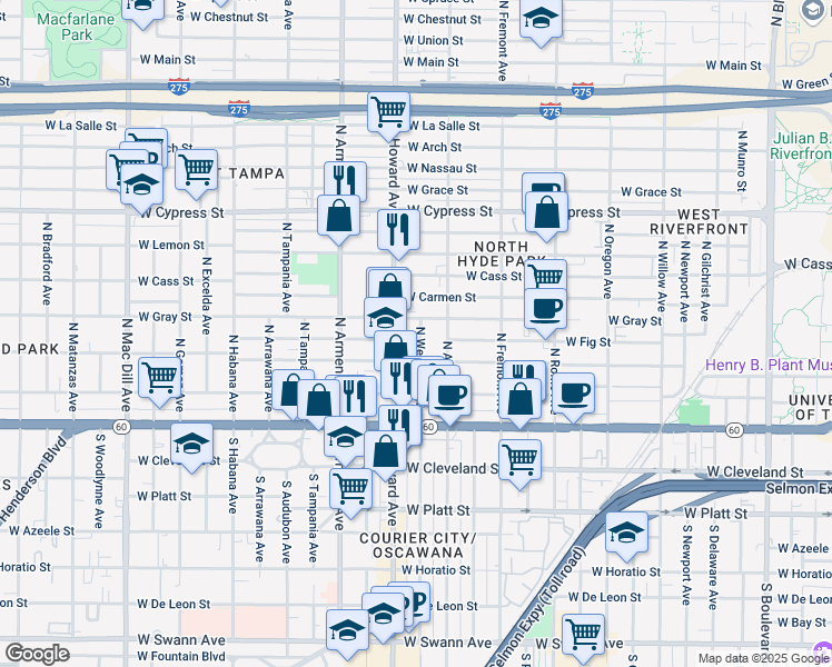 map of restaurants, bars, coffee shops, grocery stores, and more near 404 North Westland Avenue in Tampa