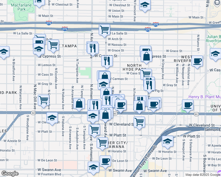 map of restaurants, bars, coffee shops, grocery stores, and more near 404 North Westland Avenue in Tampa