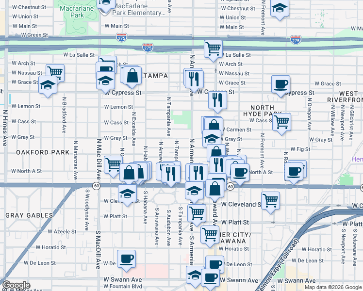 map of restaurants, bars, coffee shops, grocery stores, and more near 2501 West Fig Street in Tampa