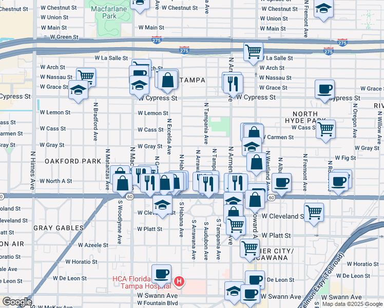 map of restaurants, bars, coffee shops, grocery stores, and more near 2701 West Fig Street in Tampa