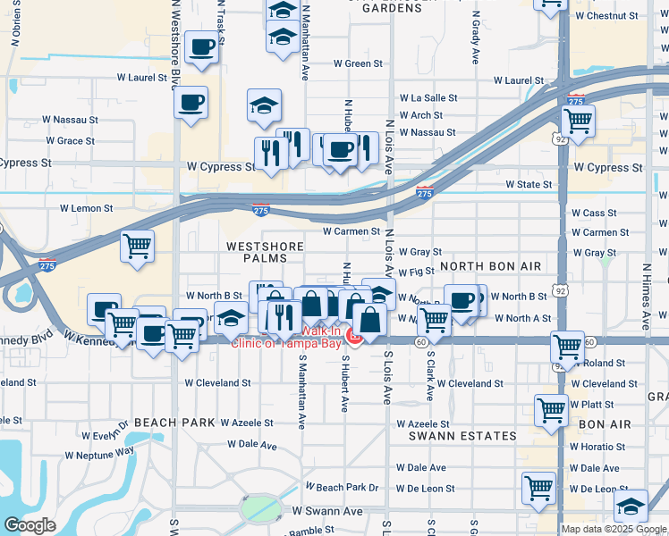 map of restaurants, bars, coffee shops, grocery stores, and more near 4307 West Fig Street in Tampa