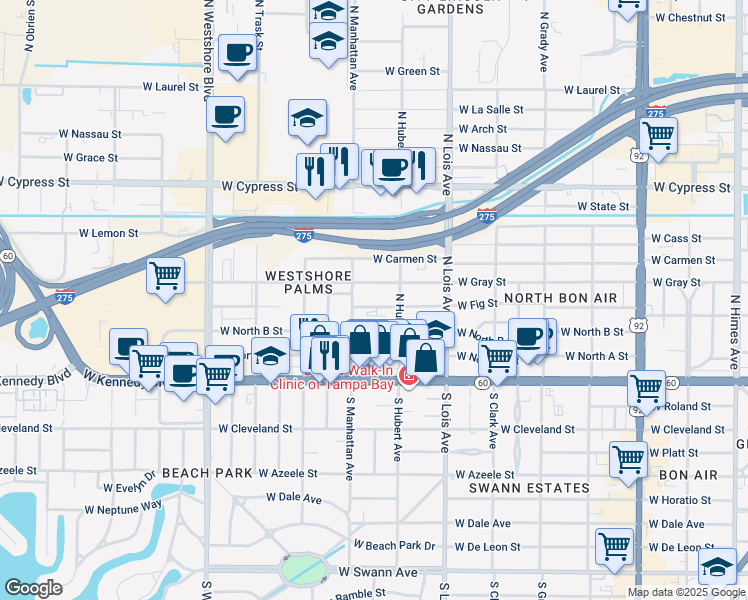 map of restaurants, bars, coffee shops, grocery stores, and more near 4307 West Fig Street in Tampa