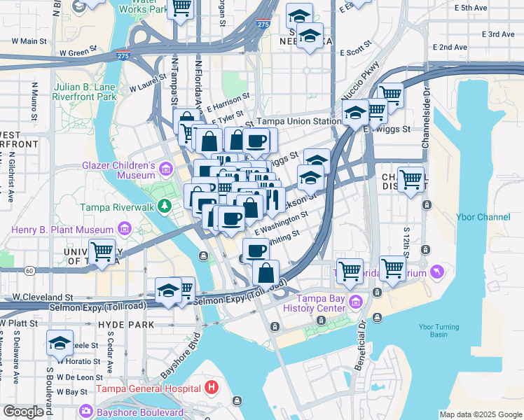 map of restaurants, bars, coffee shops, grocery stores, and more near 501 East Kennedy Boulevard in Tampa