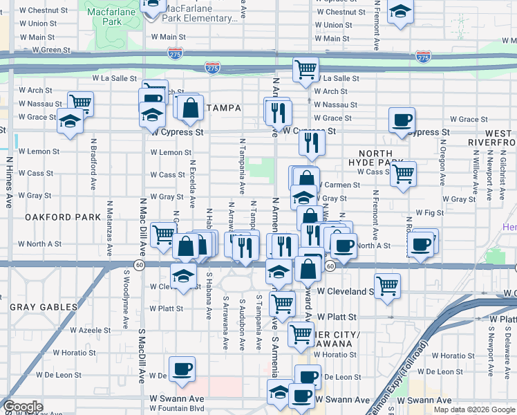 map of restaurants, bars, coffee shops, grocery stores, and more near 2501 West Fig Street in Tampa