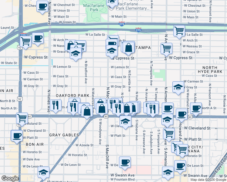map of restaurants, bars, coffee shops, grocery stores, and more near 310 North New Jersey Avenue in Tampa