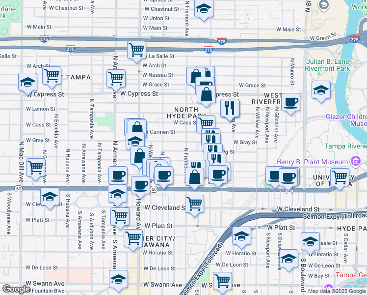map of restaurants, bars, coffee shops, grocery stores, and more near 404 North Fremont Avenue in Tampa