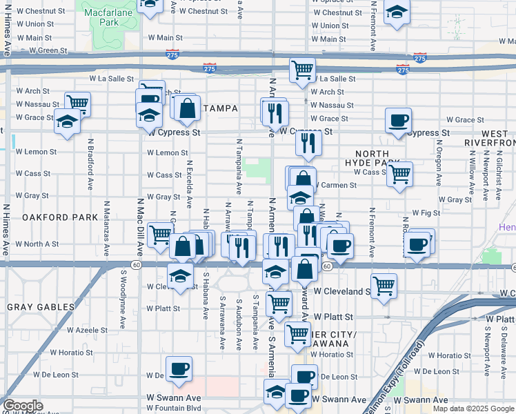 map of restaurants, bars, coffee shops, grocery stores, and more near 2501 West Fig Street in Tampa