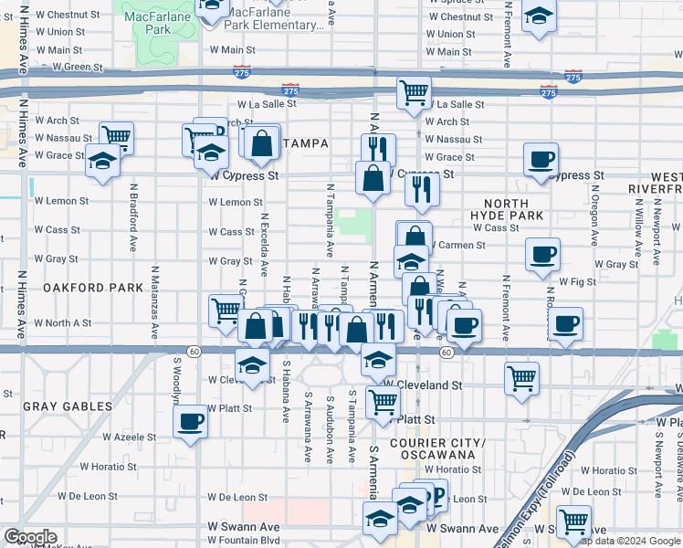 map of restaurants, bars, coffee shops, grocery stores, and more near 2501 West Fig Street in Tampa