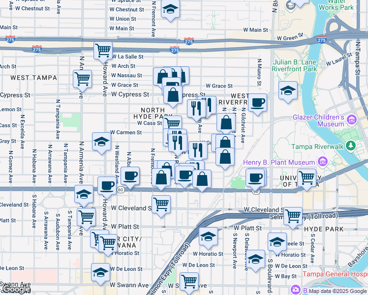 map of restaurants, bars, coffee shops, grocery stores, and more near 405 North Rome Avenue in Tampa