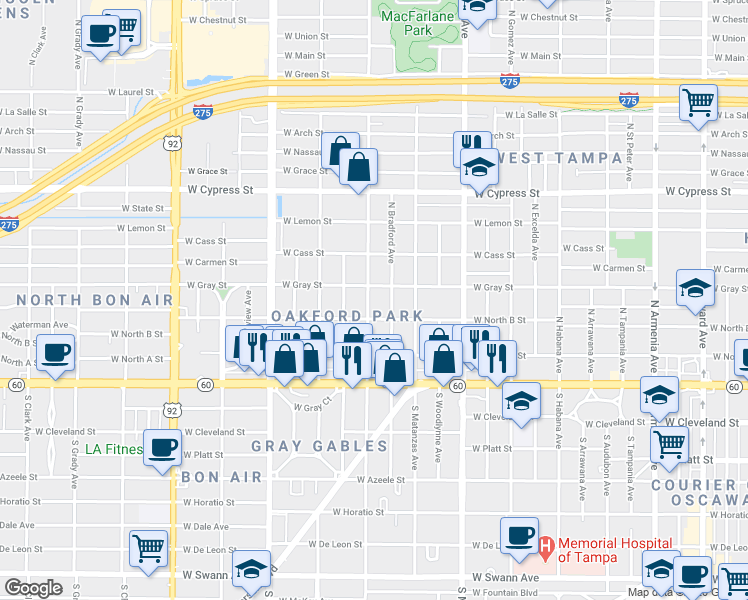 map of restaurants, bars, coffee shops, grocery stores, and more near 309 North Lincoln Avenue in Tampa