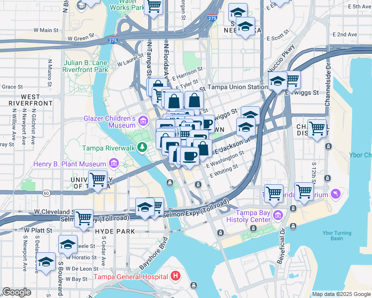 map of restaurants, bars, coffee shops, grocery stores, and more near 403 North Franklin Street in Tampa