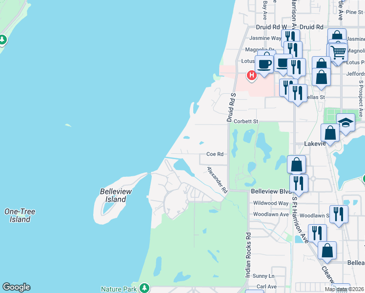 map of restaurants, bars, coffee shops, grocery stores, and more near 99 Coe Road in Belleair