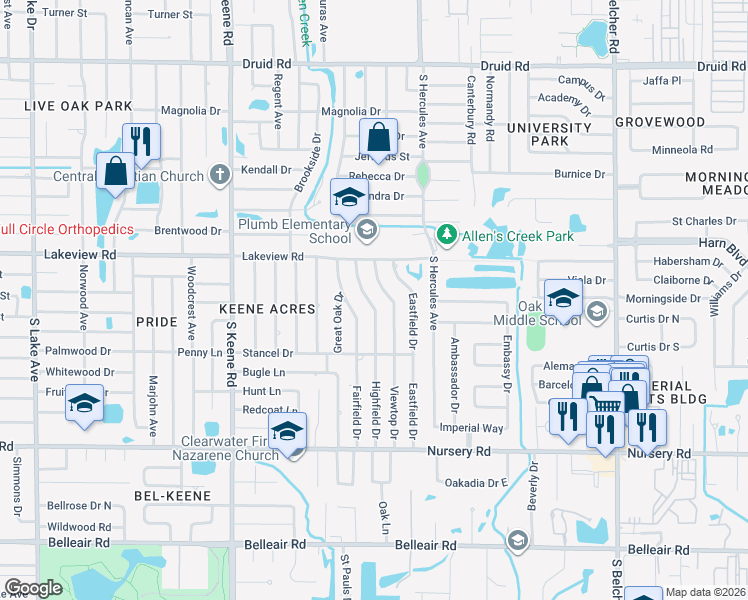 map of restaurants, bars, coffee shops, grocery stores, and more near 1335 Highfield Drive in Clearwater