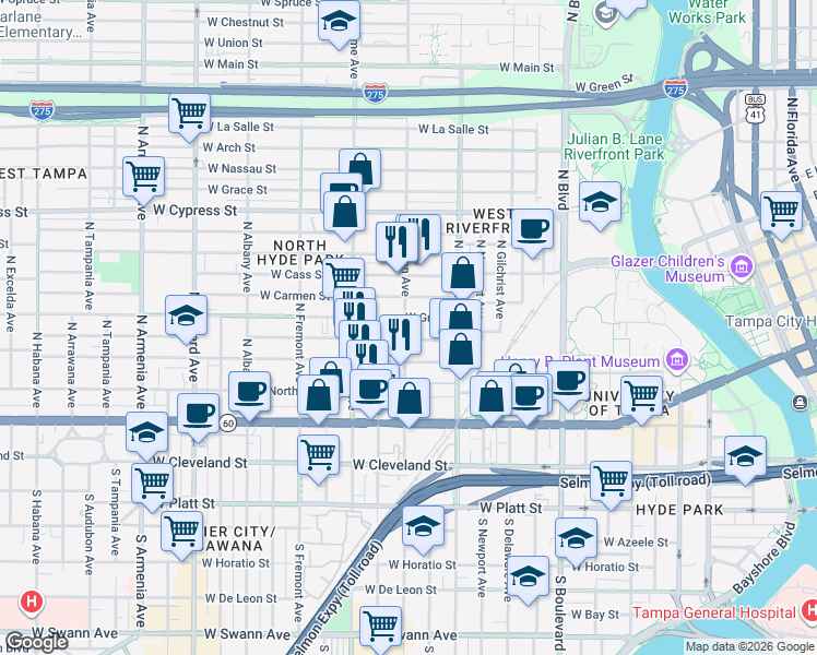 map of restaurants, bars, coffee shops, grocery stores, and more near 1340 West Gray Street in Tampa