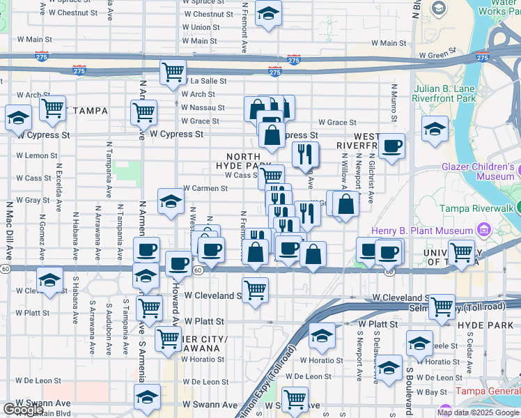 map of restaurants, bars, coffee shops, grocery stores, and more near 400 North Rome Avenue in Tampa