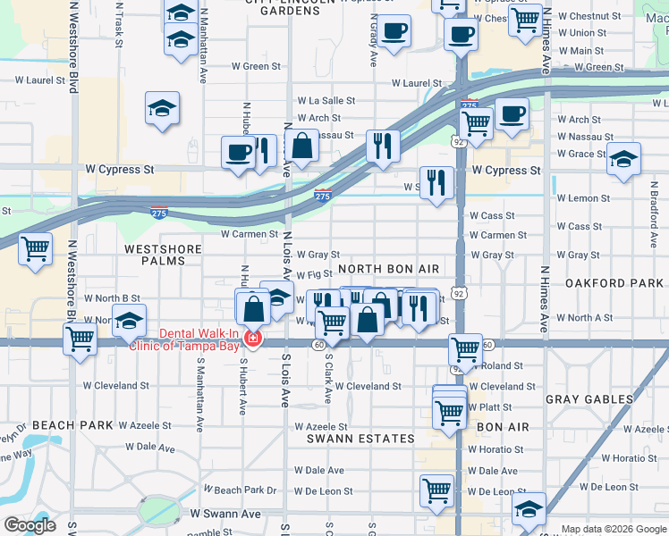 map of restaurants, bars, coffee shops, grocery stores, and more near 4101 West Fig Street in Tampa