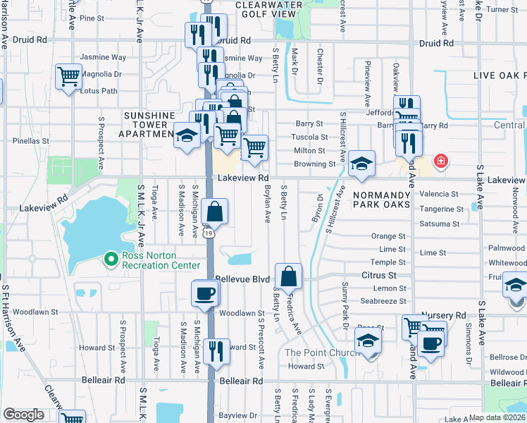 map of restaurants, bars, coffee shops, grocery stores, and more near 1343 Boylan Avenue in Clearwater