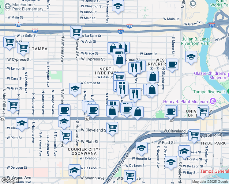 map of restaurants, bars, coffee shops, grocery stores, and more near 400 North Rome Avenue in Tampa