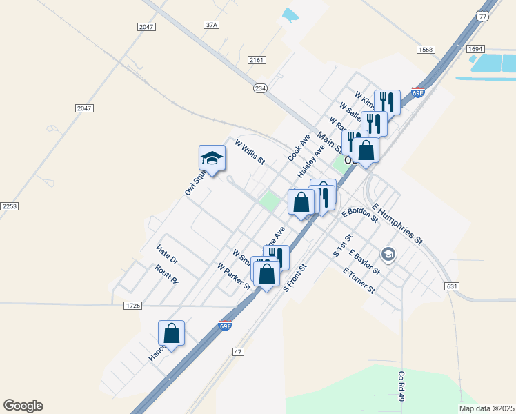 map of restaurants, bars, coffee shops, grocery stores, and more near 401 West Turner in Odem