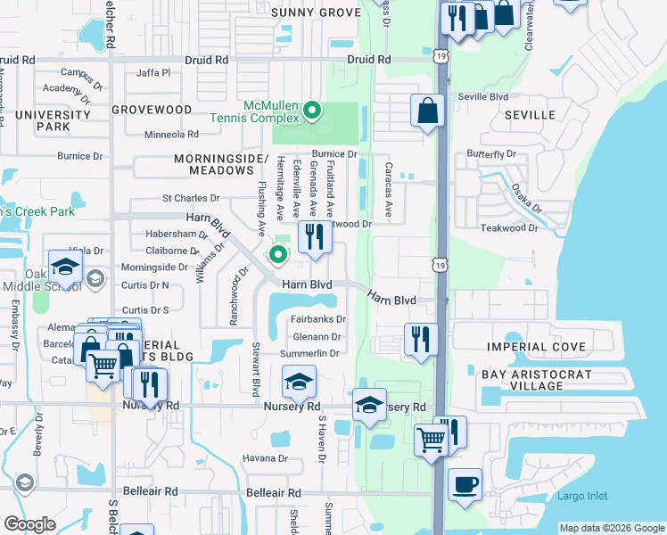 map of restaurants, bars, coffee shops, grocery stores, and more near 1327 Dickenson Drive in Clearwater